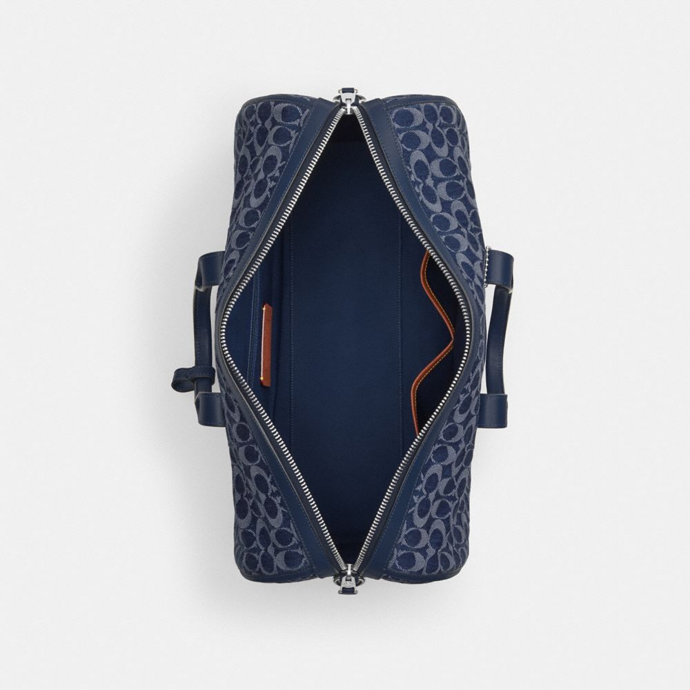 COACH®,Gotham Duffle Bag 45 In Signature Denim,Cotton,Leather,Duffle Bag,ID Tag,Blue,Inside View,Top View