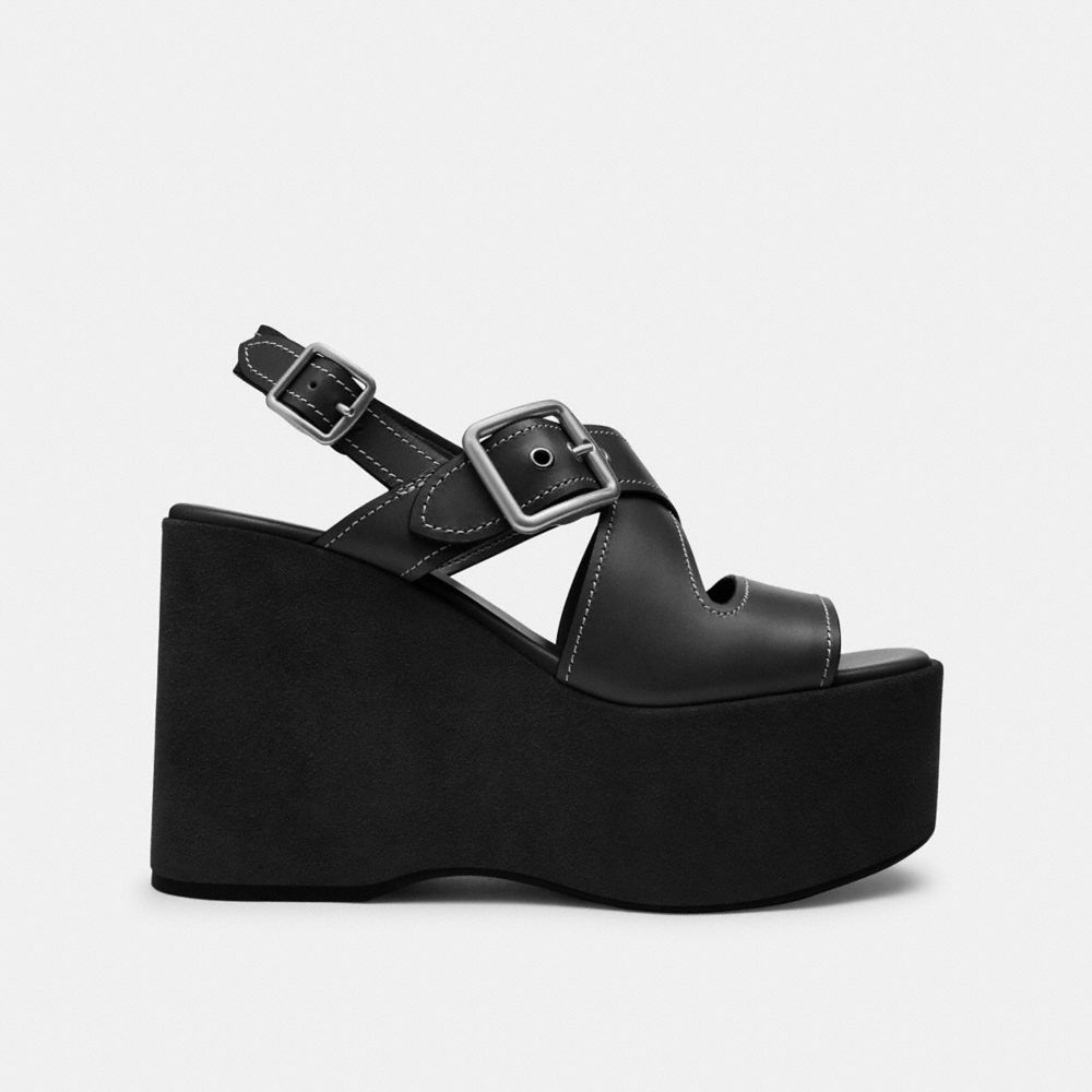 COACH®,Archival Buckle Wedge,Black,Angle View