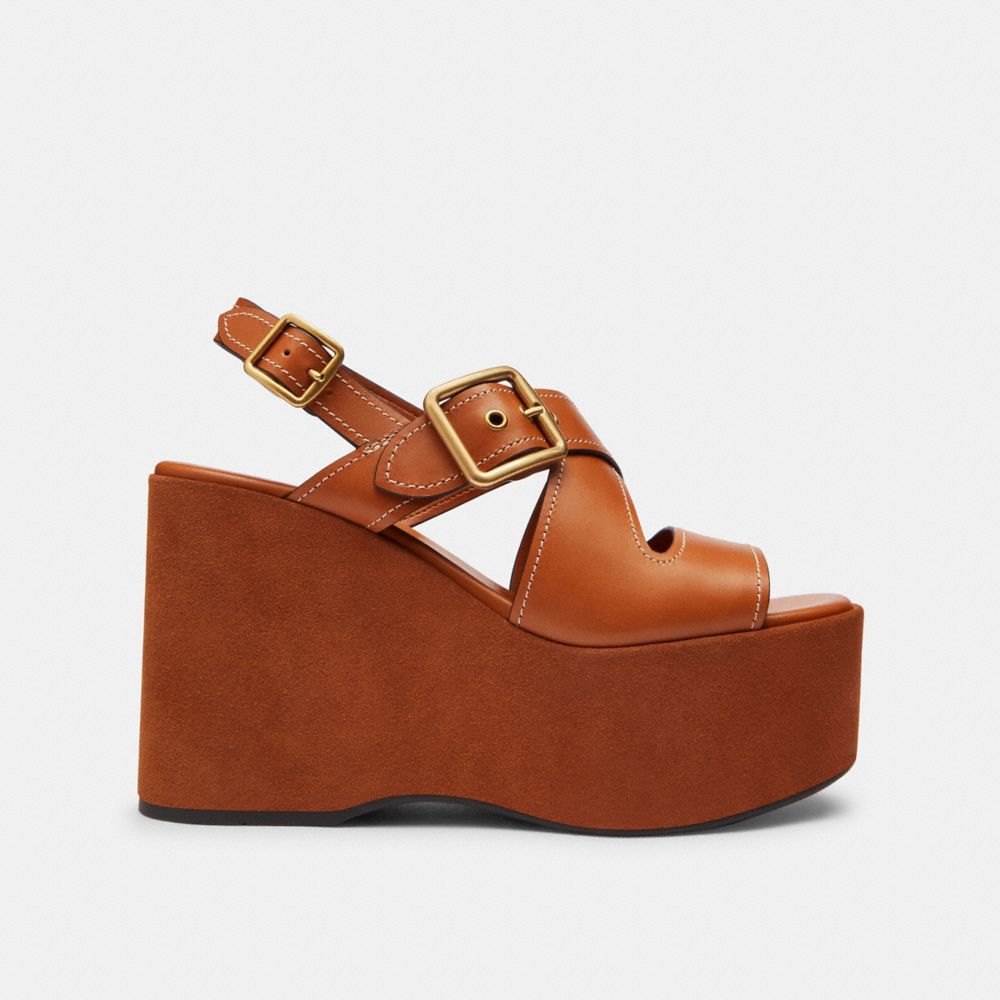 COACH®,Archival Buckle Wedge,Brown,Angle View