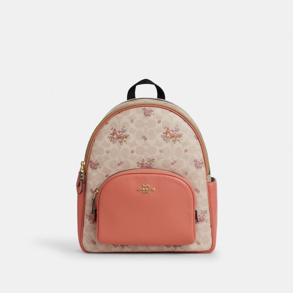 COACH®,SAC À DOS COURT EN TOILE EXCLUSIVE AVEC MOTIF FLEURI,Or/Sable Multi,Front View