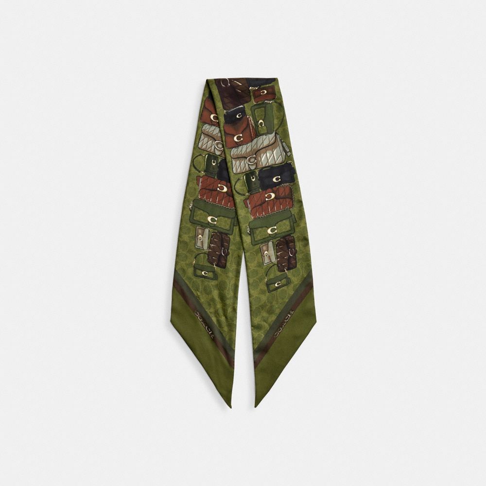 Coach Stacked Tabby Bags Print Silk Skinny Scarf In Multi