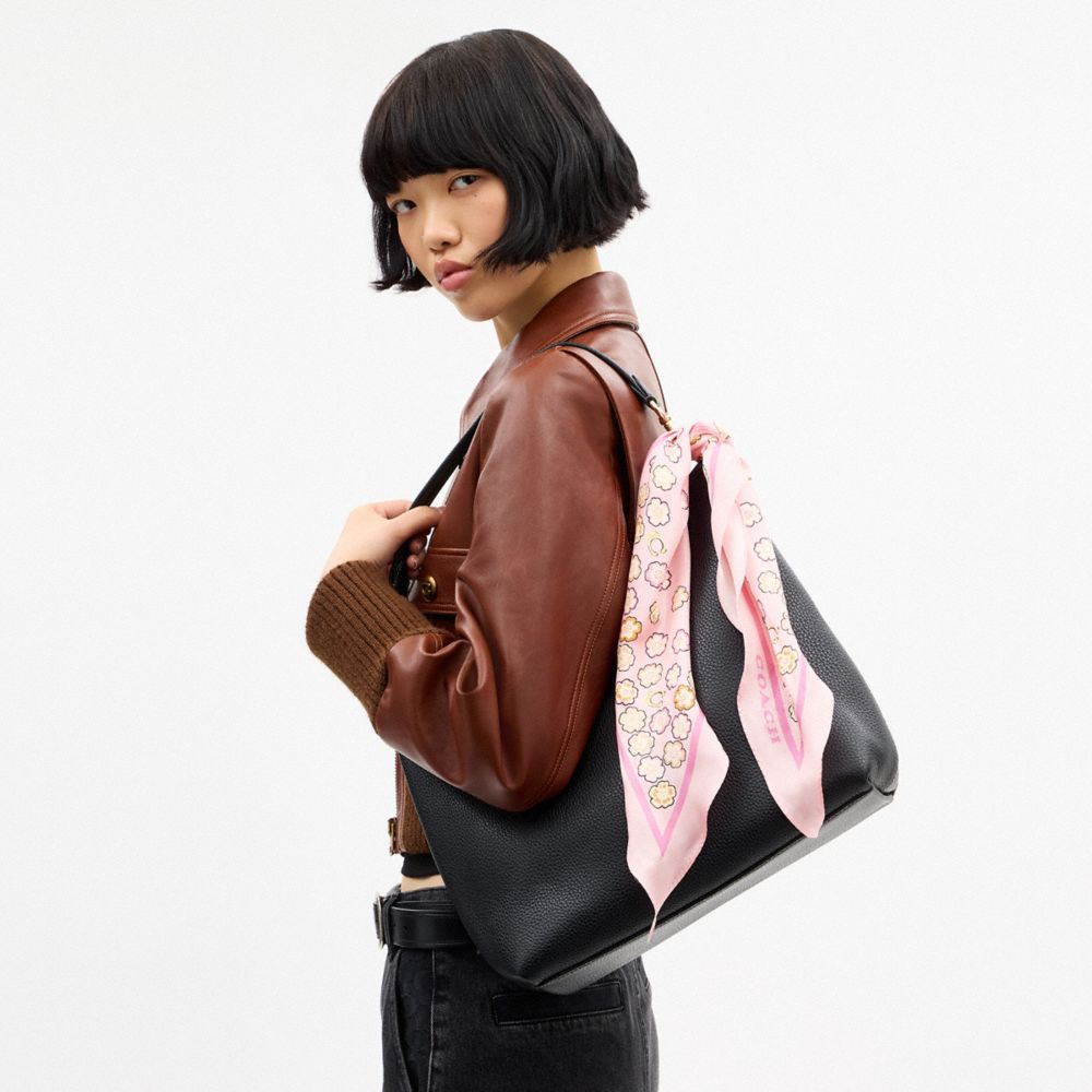 COACH®,Waterfall Tea Rose Print Silk Diamond Scarf,Silk,Bandana,Piping,Casual,Pink,Detail View