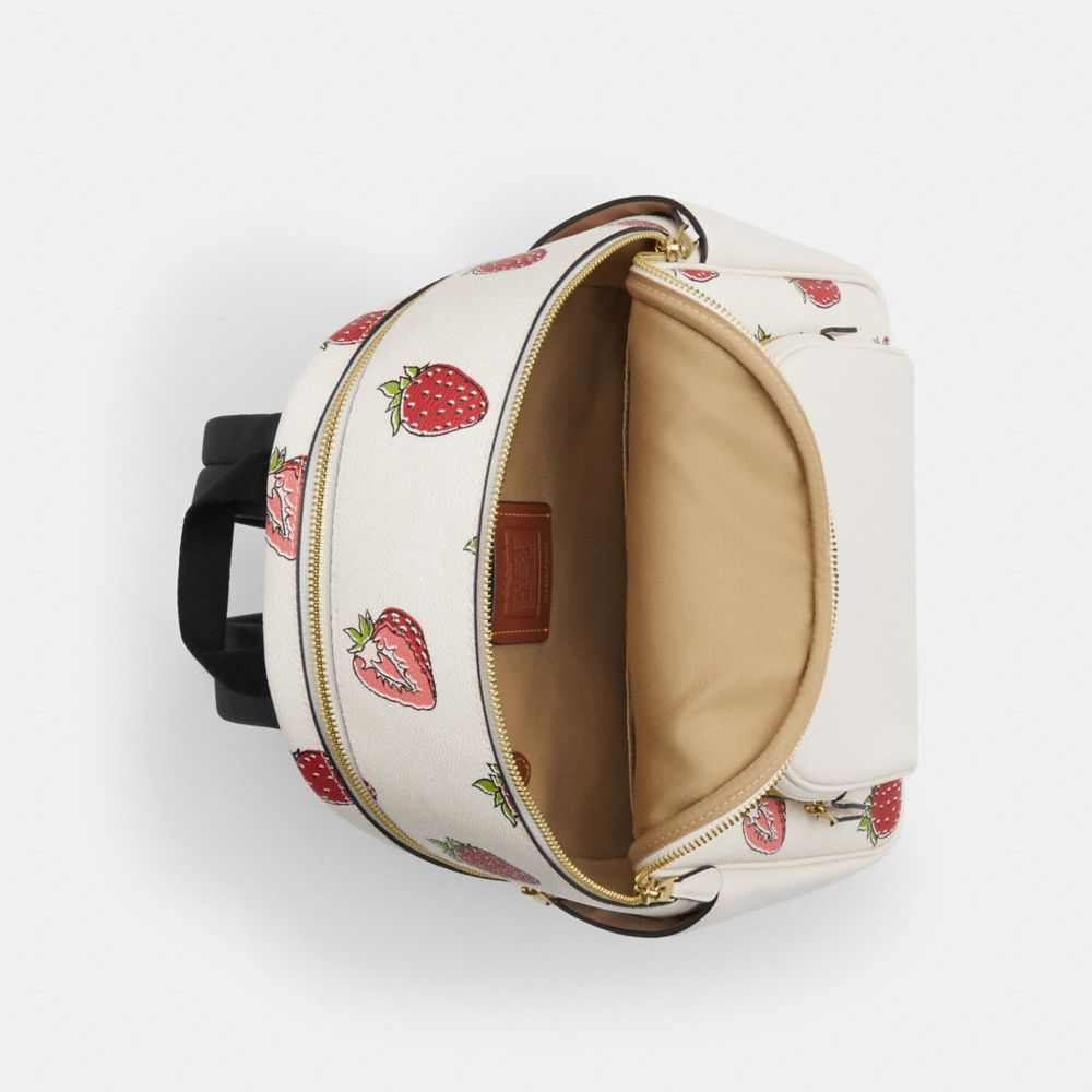 COACH®,Court Backpack With Strawberry Print,Leather,Canvas,Backpack,Logo,Metal,Gold Metal,Casual,White,Inside View,Top View