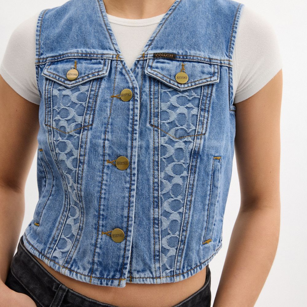 COACH®,Denim Vest In Organic Cotton,Blue,Detail View