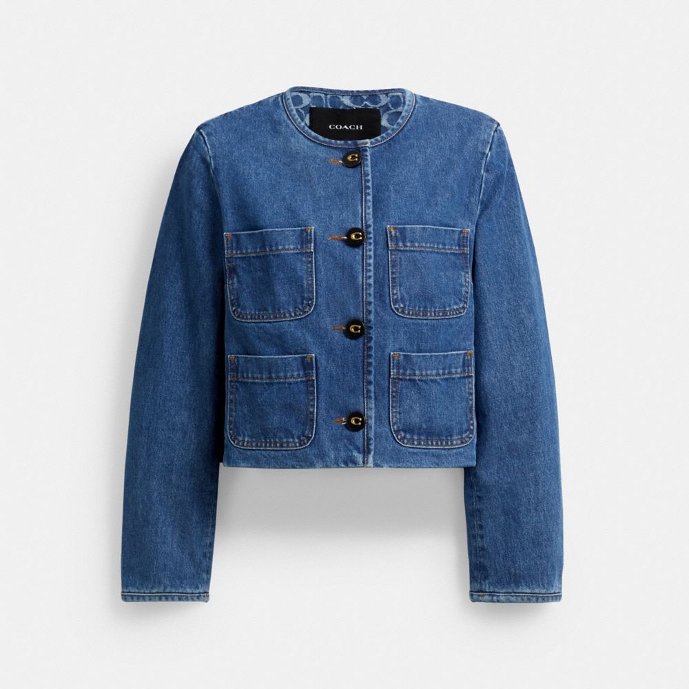 COACH®,Collarless Denim Jacket In Organic Cotton,Organic Cotton,Denim,Logo,Metal,Eco-Friendly,Casual,Blue,Front View