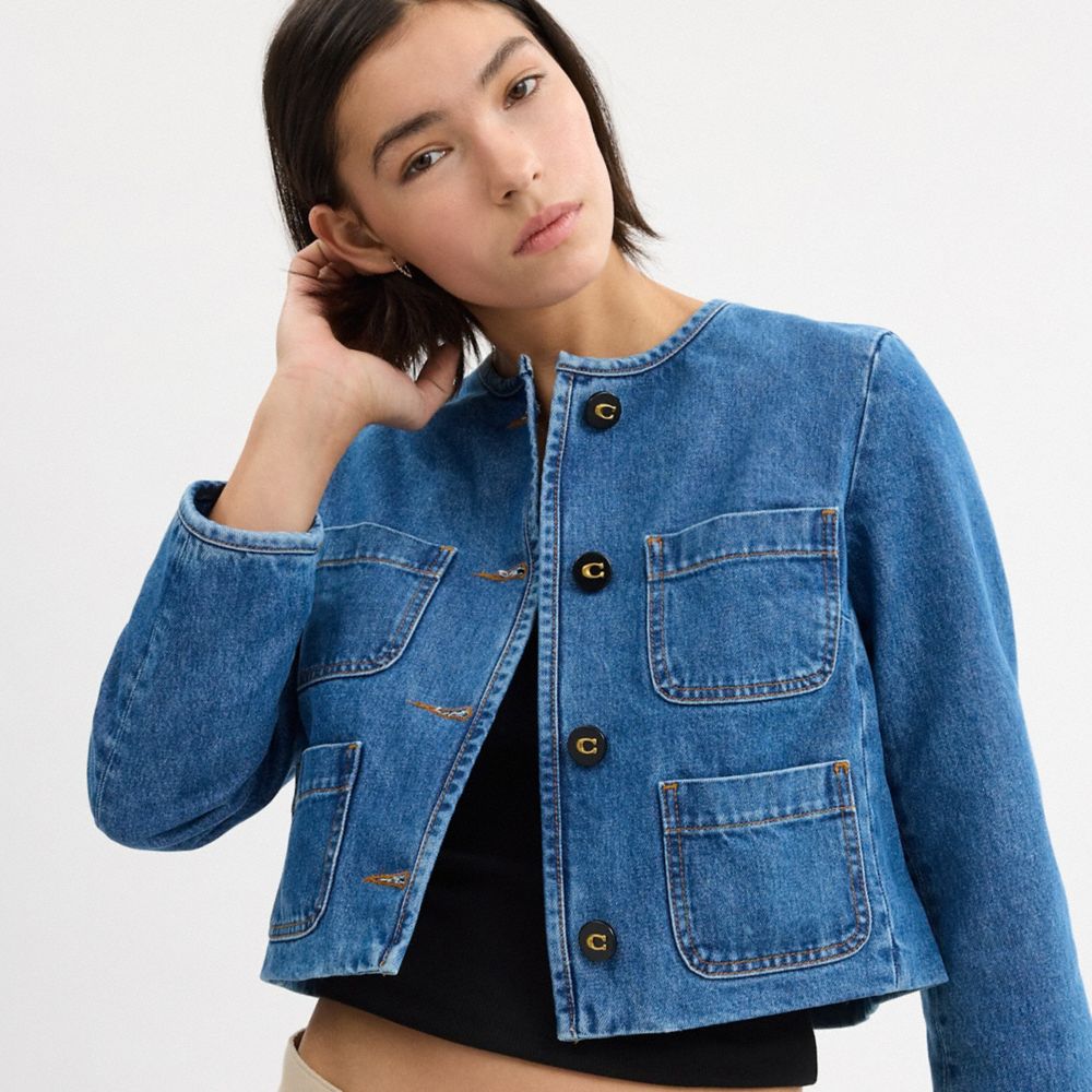 COACH®,Collarless Denim Jacket In Organic Cotton,Organic Cotton,Denim,Logo,Metal,Eco-Friendly,Casual,Blue,Detail View