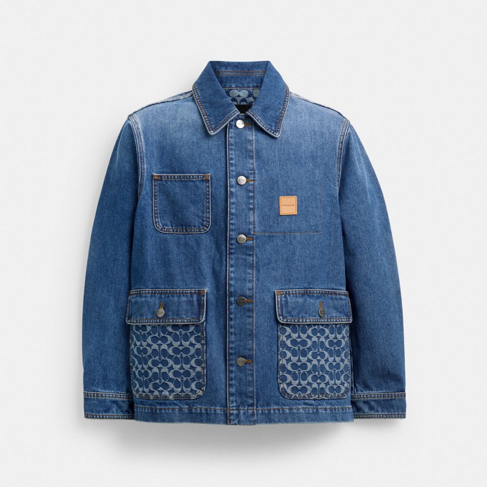 COACH®,Denim Chore Coat In Organic Cotton,Cotton,Denim,Pattern,Casual,Blue,Front View