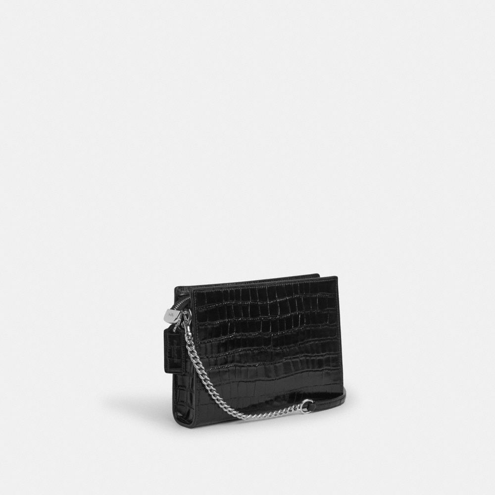 COACH®,Slim Crossbody Bag,Crocodile,Leather,Crossbody,Logo,Metal,Shoulder Guard,Day Party,Black,Angle View