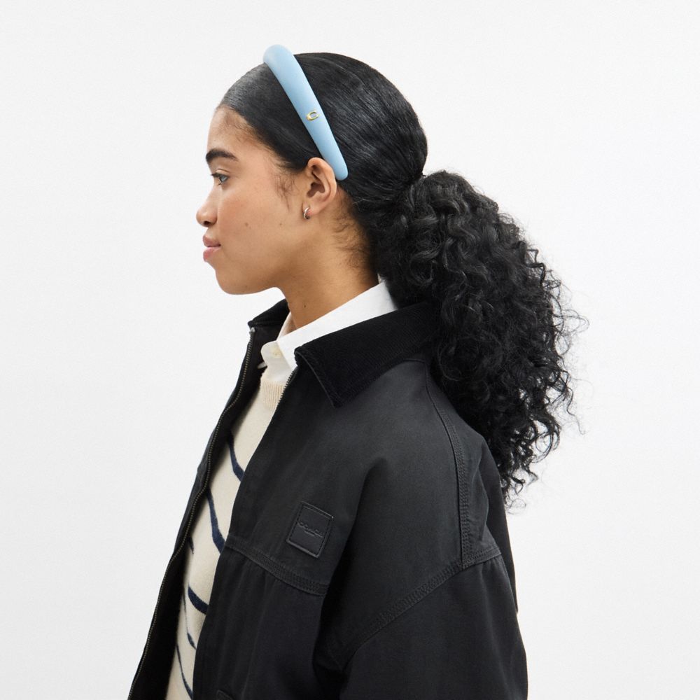 COACH®,Leather Headband,Lambskin,Headband,Logo,Metal,Securing Hair,Gold Plated,Casual,Blue,Detail View
