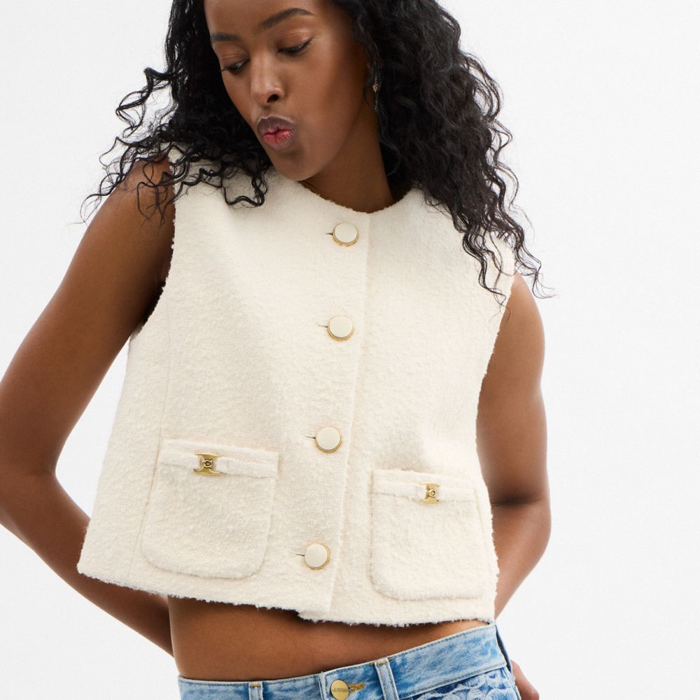 COACH®,Heritage C Boucle Vest,Cream,Detail View