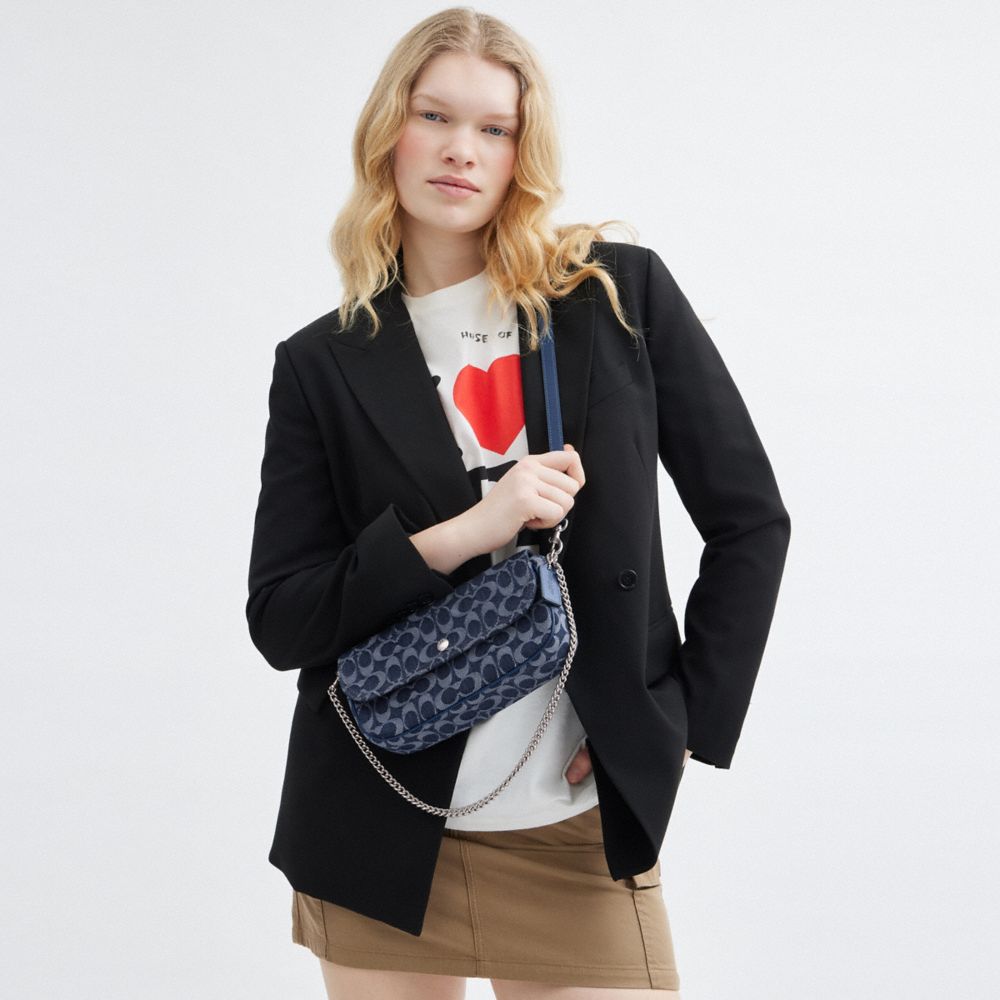 Coach Brook Flap Chain Bag In Signature Denim In Silver/deep Blue Multi