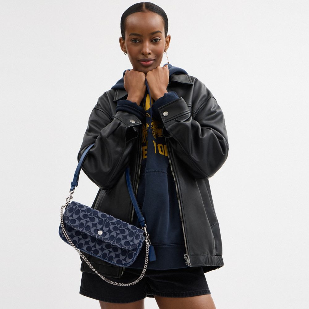 Coach Brook Flap Chain Bag In Signature Denim In Silver/deep Blue Multi