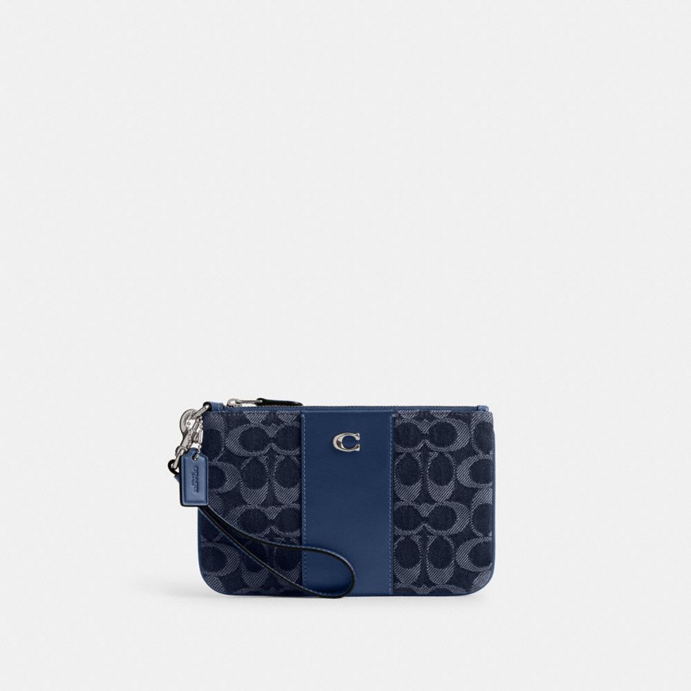 COACH®,Essential Small Wristlet In Signature Denim,Navy,Front View