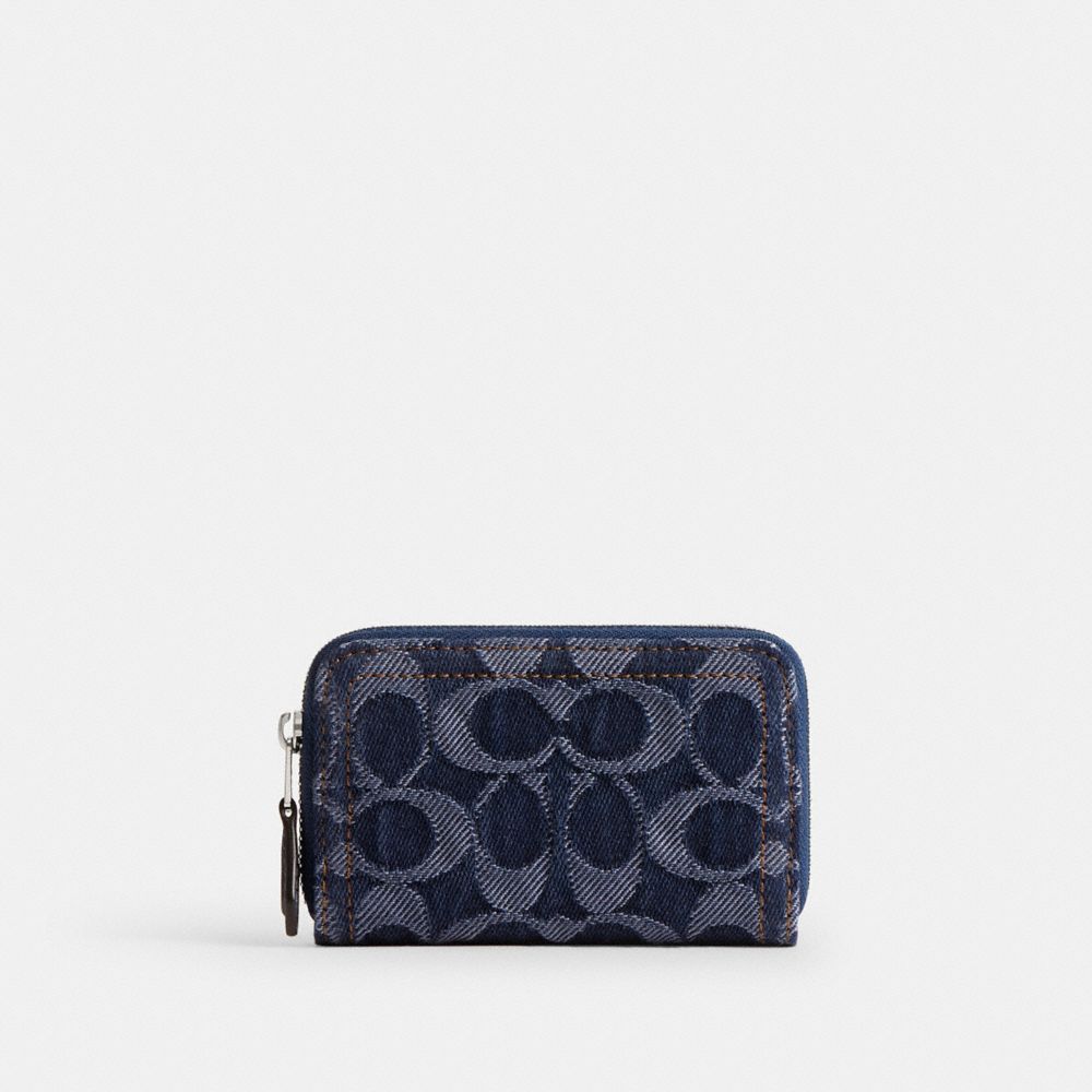 COACH®,PETIT PORTE-CARTES ESSENTIEL À FERMETURE ZIPPÉE SUR TOUT LE TOUR EN DENIM EXCLUSIF,Denim,Argent/Bleu profond multi,Front View