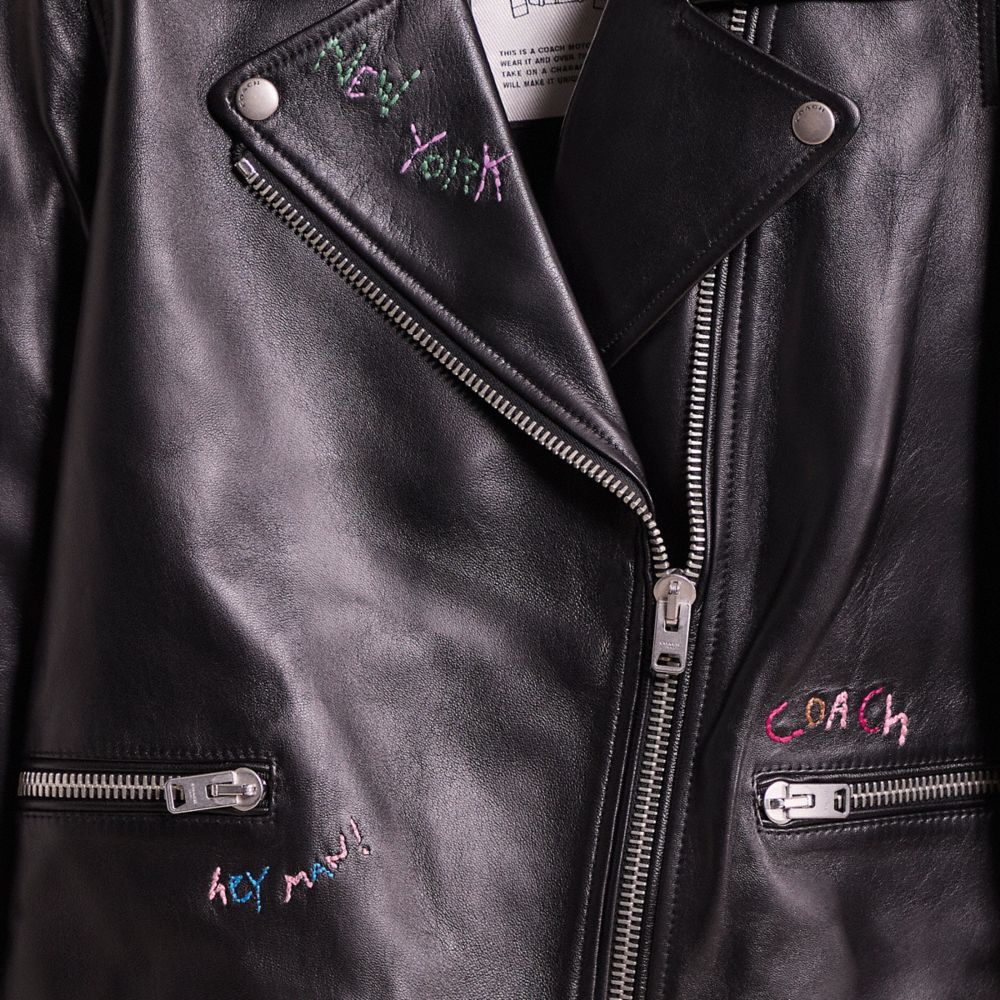 COACH®,Restored A Love Letter To New York Leather Biker Jacket,Polyester,Lambskin,Moto,Leather,Embroidered,Zipper,Sustaina...,Black,Scale View