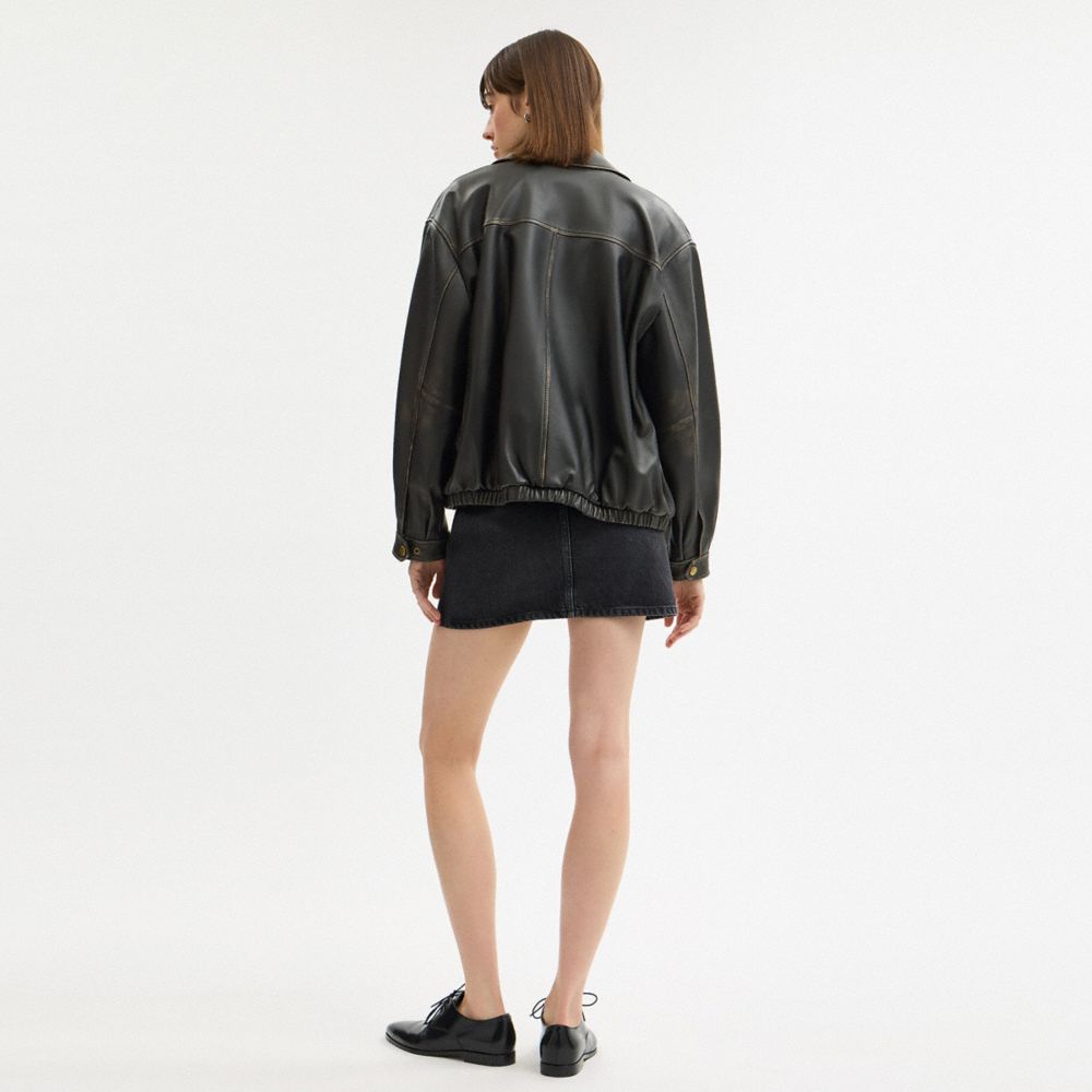 COACH®,Loveworn Heritage C Oversized Leather Jacket,Polyester,Lambskin,Leather,Leather,Metal,Lined,Casual,Black,Scale View