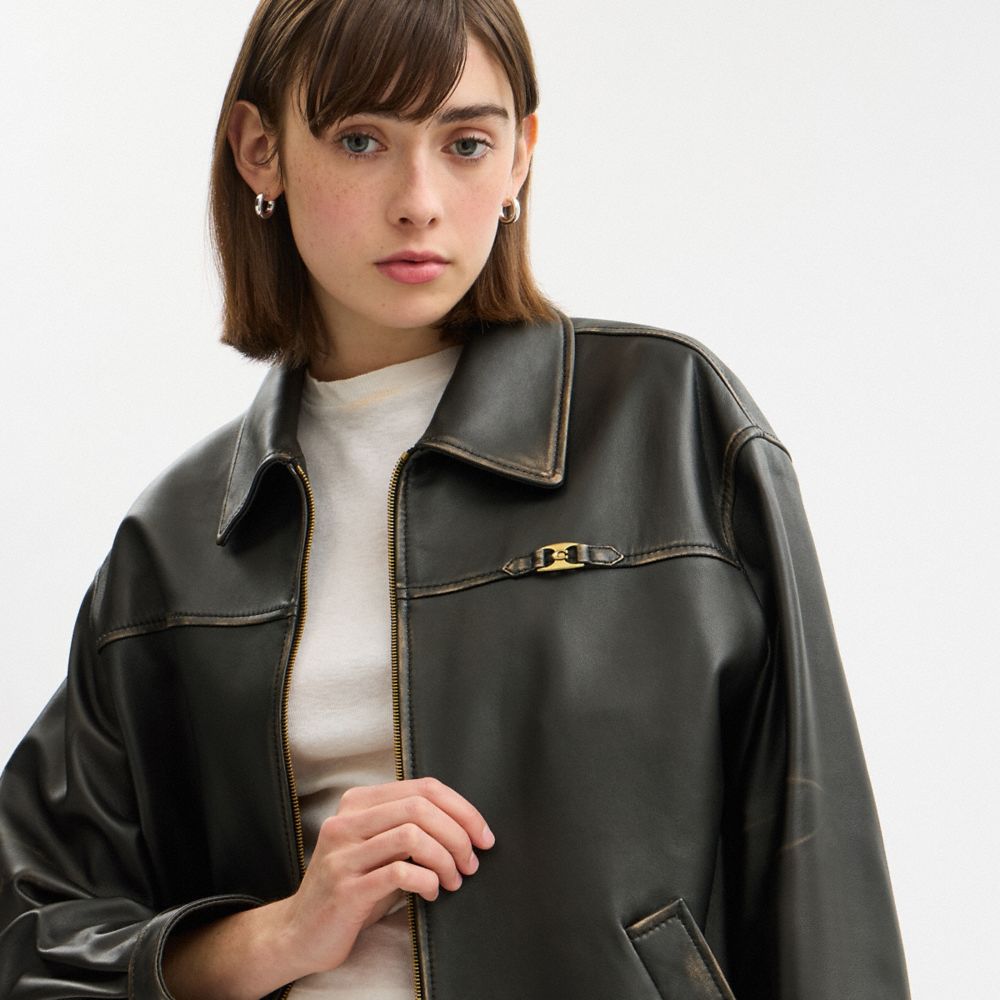 COACH®,Loveworn Heritage C Oversized Leather Jacket,Polyester,Lambskin,Leather,Leather,Metal,Lined,Casual,Black,Detail View