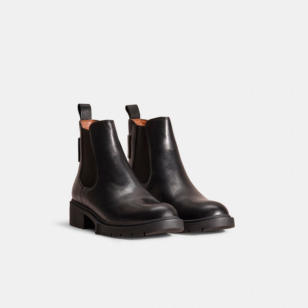 COACH®,Restored Lyden Bootie,Leather,Rubber,Chelsea Boots,Bootie,Logo,Sustainable,Pull Tab,Elastic Gore,Casual,Black,Angle View