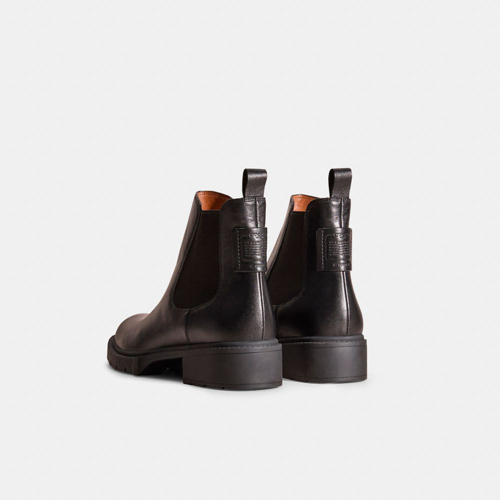 COACH®,Restored Lyden Bootie,Leather,Rubber,Chelsea Boots,Bootie,Logo,Sustainable,Pull Tab,Elastic Gore,Casual,Black,Back View