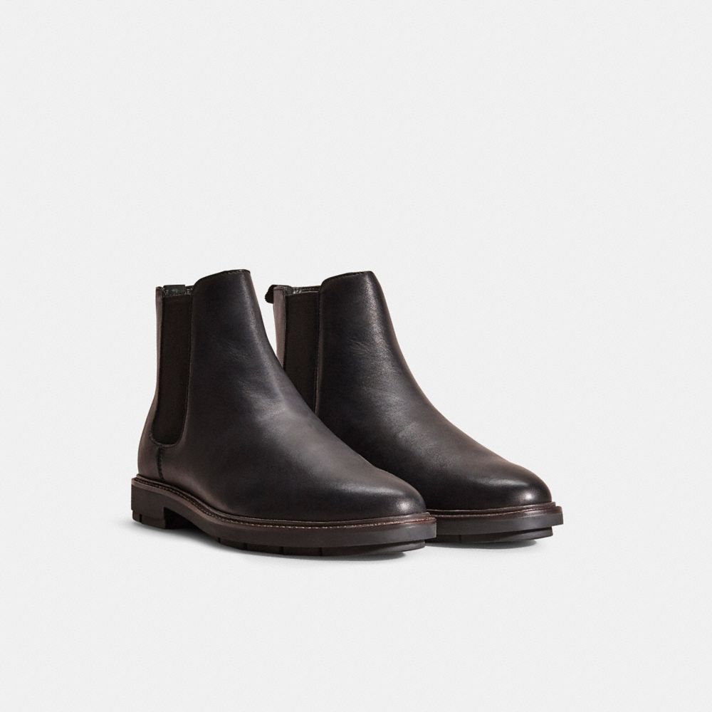 COACH®,Restored Chelsea Boot,Rubber,Leather,Chelsea Boots,Elastic Gore,Sustainable,Casual,Business Casual,Black,Angle View