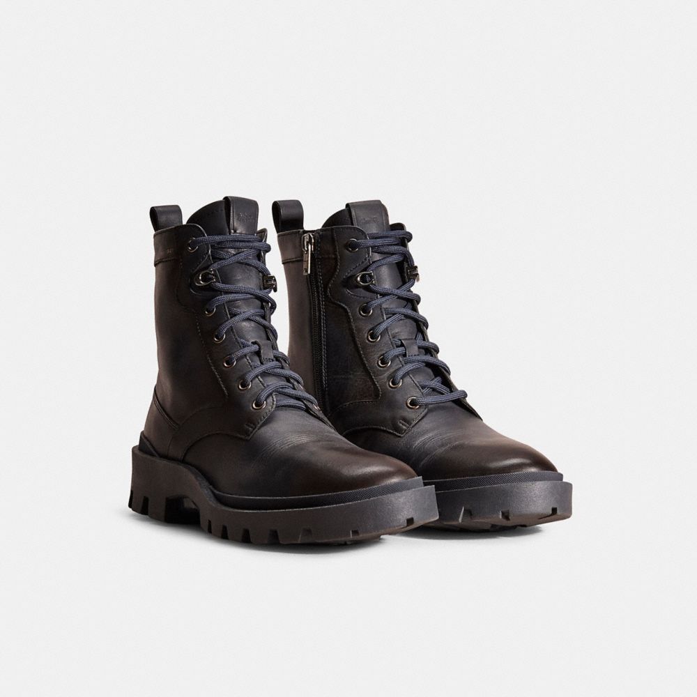 COACH®,Restored Citysole Lace Up Boot,Rubber,Leather,Combat,Boots,Logo,Metal,Cushioned,Traction,Shock Absorbent,Casual,Brown,Angle View