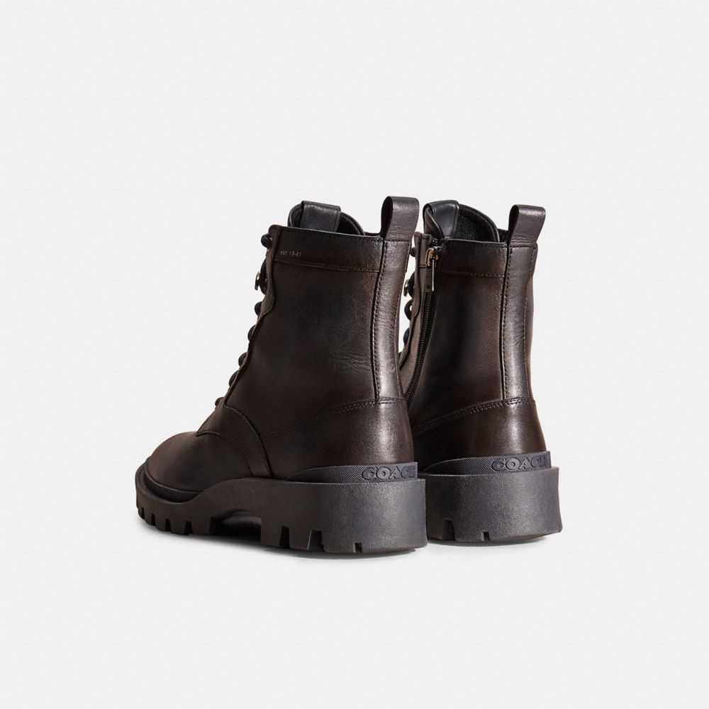 COACH®,Restored Citysole Lace Up Boot,Rubber,Leather,Combat,Boots,Logo,Metal,Cushioned,Traction,Shock Absorbent,Casual,Brown,Back View