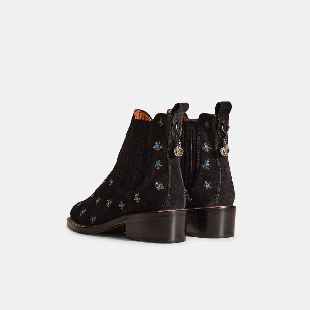 COACH®,Restored Bowery Chelsea Boot,Suede,Rubber,Chelsea Boots,Embroidered,Sustainable,Pull Tab,Elastic Gore,Day Party,Black,Back View
