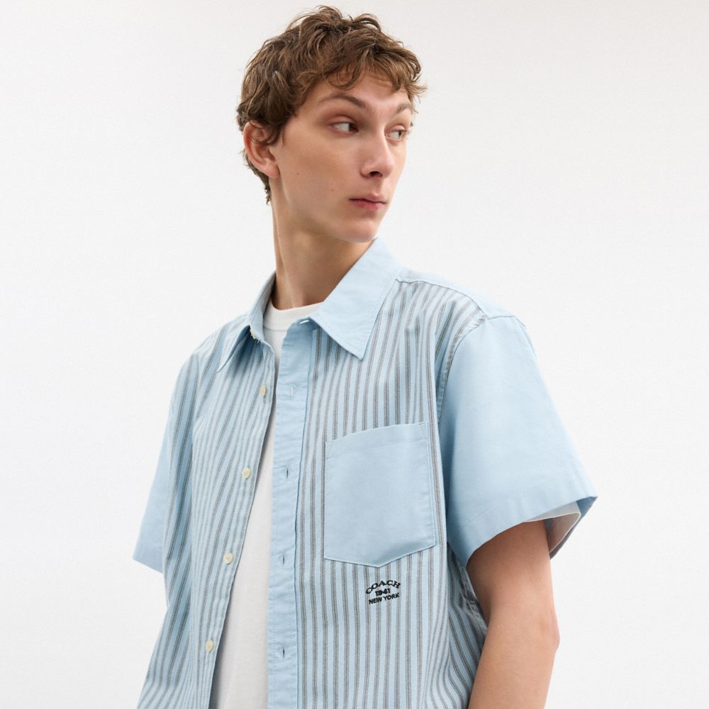 COACH®,CHEMISE OXFORD EN MATIÈRES MÉLANGÉES À RAYURES,Bleu/Bleu multi,Detail View