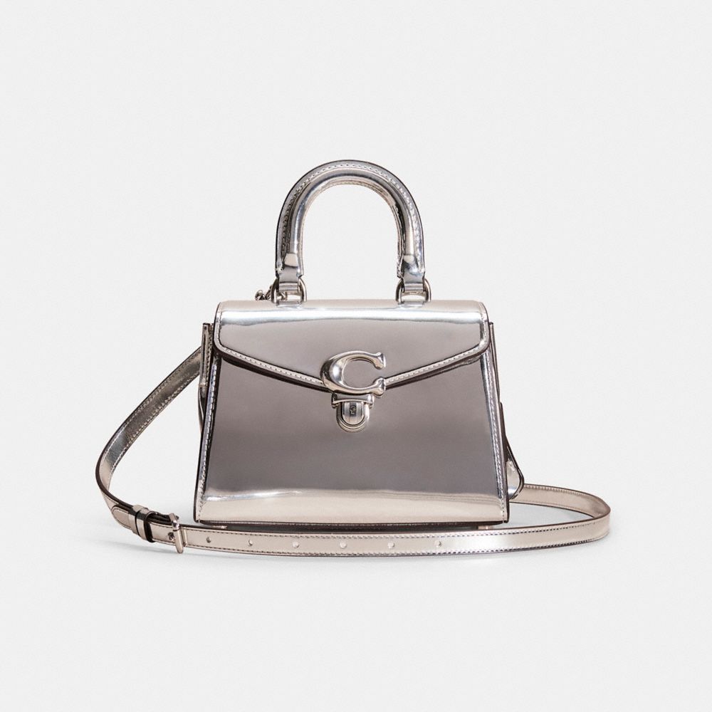 COACH®,Restored Sammy Top Handle Bag 21 In Silver Metallic,Metallic,Silver,Front View