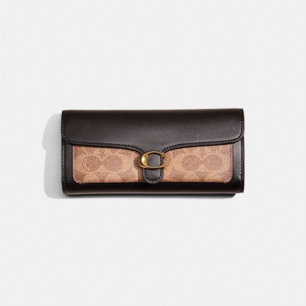 COACH®,Restored Tabby Long Wallet In Colorblock Signature Canvas,Coin,Tri Fold,Continental,Metal,Pattern,Logo,Casual,Beige,Front View