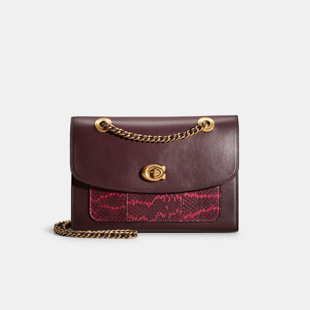 COACH®,Restored Parker Shoulder Bag With Snakeskin Detail,Maroon,Front View