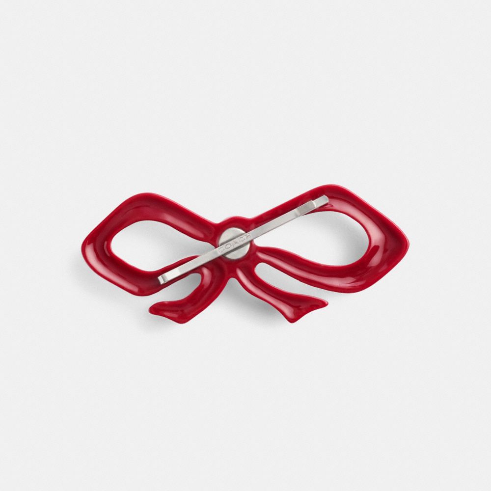 COACH®,Pavé Bow Barrette,Metal,Hair Pin,Resin,Crystal,Glass,Logo,Bow,Rhinestones,Securing Hair,Steel,Casual,Metallic,Red,Inside View,Top View