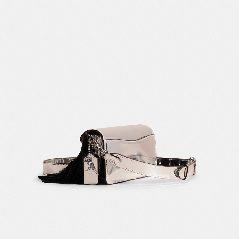 COACH®,Upcrafted Tabby Shoulder Bag 20 In Metallic,Leather,Shoulder Bag,Metal,Fringe,Logo,Silver Metal,Day Party,Black,Angle View