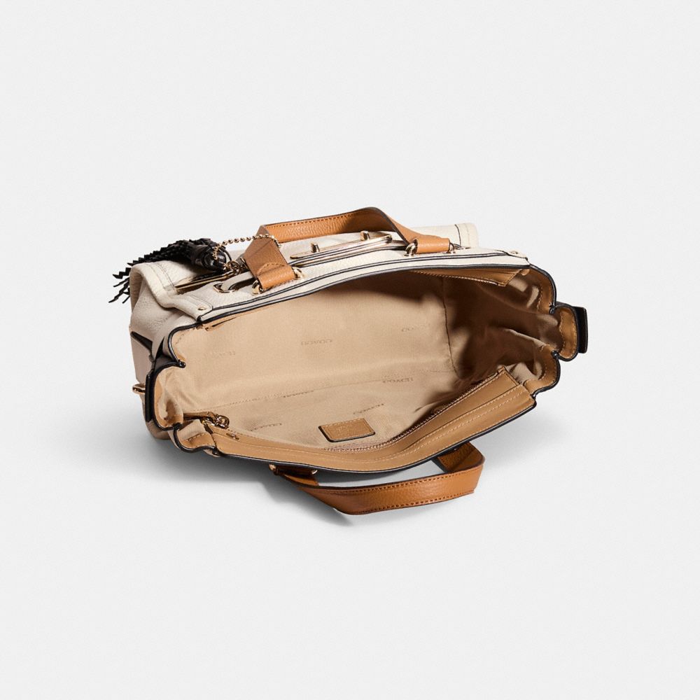 COACH®,Upcrafted Coach Swagger 27 In Colorblock,Leather,Satchel,Logo,Metal,Color Block,Tassel,Gold Metal,Casual,Cream,Inside View,Top View