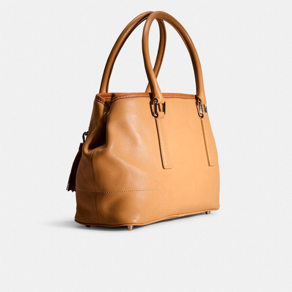 COACH®,Upcrafted Hamptons Small Carryall,Leather,Tote,Braided,Piping,Tassel,Casual,Brown,Angle View