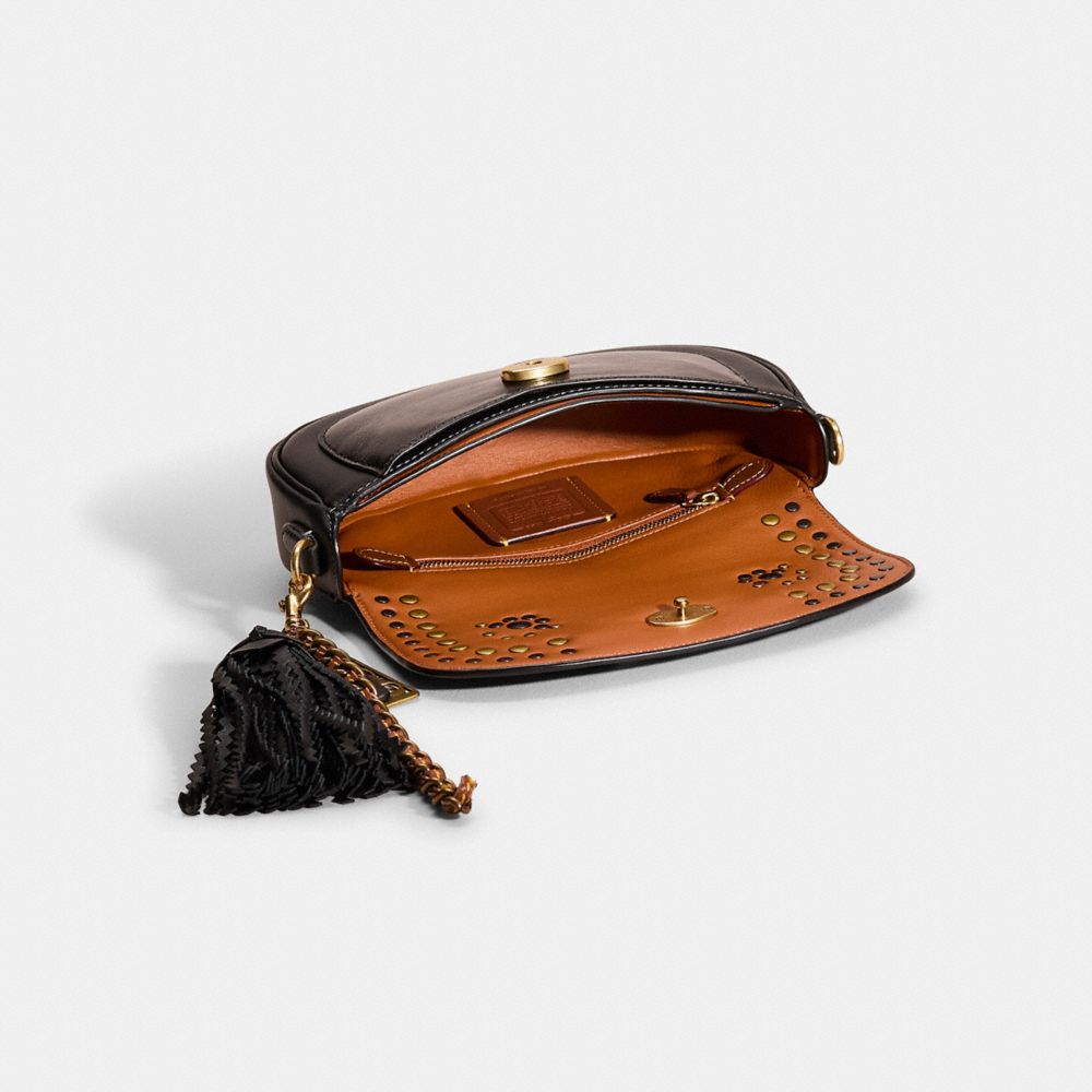 COACH®,Upcrafted Harley Shoulder Bag 23,Leather,Saddle Bag,Metal,Chain Detail,Logo,Embossed,Tassel,Studded,Adjustable,Gold...,Black,Inside View,Top View