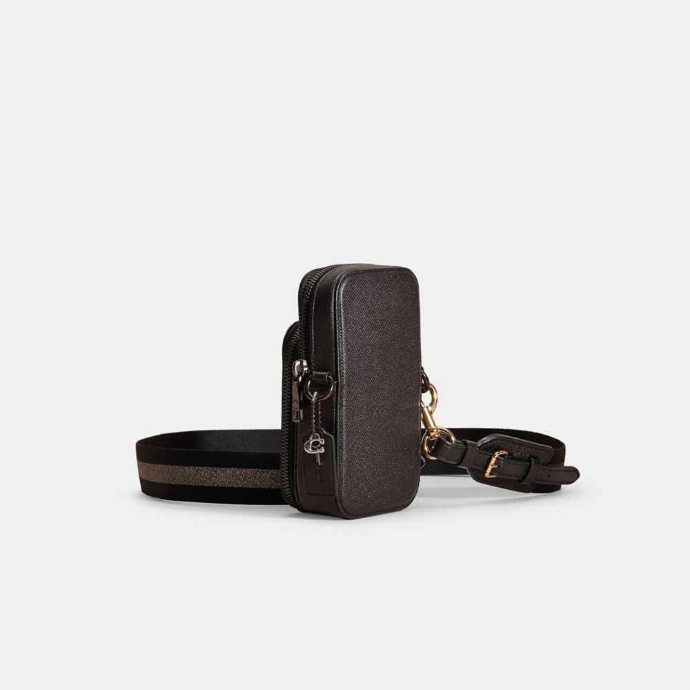 COACH®,Upcrafted Phone Crossbody,Mobile Bag,Plastic,Logo,Studded,Scratch Resistant,Sustainable,Durable Fabric,Gunmetal,Casual,Black,Angle View