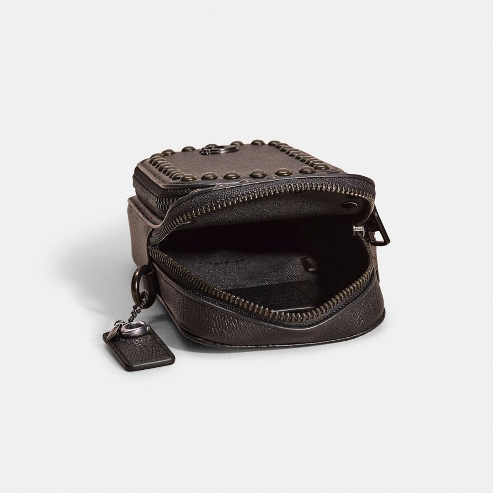 COACH®,Upcrafted Phone Crossbody,Mobile Bag,Plastic,Logo,Studded,Scratch Resistant,Sustainable,Durable Fabric,Gunmetal,Casual,Black,Inside View,Top View
