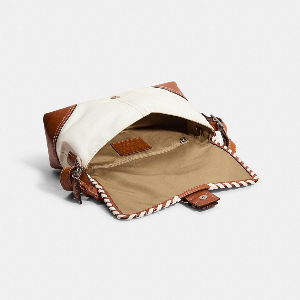 COACH®,Upcrafted Hamptons Flap Bag,Leather,Shoulder Bag,Piping,Tassel,Color Block,Whipstitch,Silver Metal,Day Party,White,Inside View,Top View