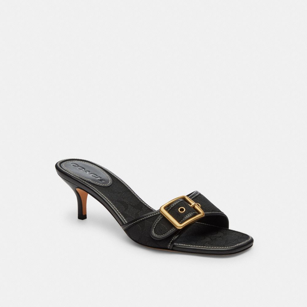 COACH®,Margot Sandal In Signature Jacquard,Leather,Slides,Pull Tab,Day Party,Black,Front View