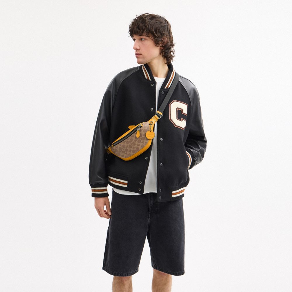 COACH®,Warren Mini Belt Bag In Colorblock Signature Canvas,Canvas,Calfskin Leather,Belt Bag,Color Block,Gunmetal,Casual,Brown,Detail View