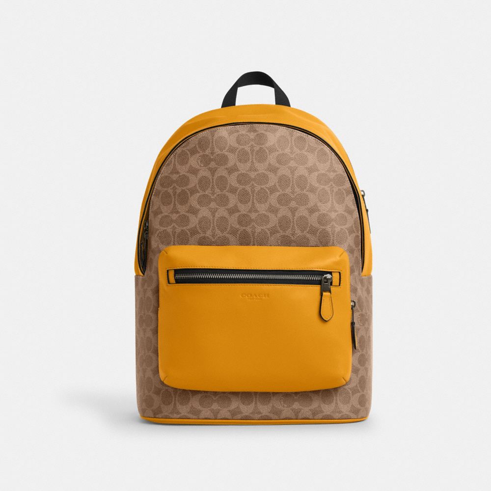 COACH®,SAC À DOS WEST EN TOILE EXCLUSIVE COLOR BLOCK,Qb/Marron orangé/Bouton d’or,Front View