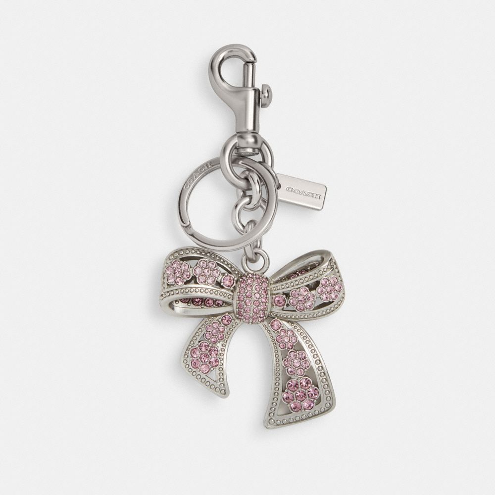 COACH®,Bow Bag Charm,Bag Charm,3D Embellishment,Embellished,Rhinestones,Bow,Logo,Metal,Key Ring,Silver Metal,Day Party,Formal,Pink,Front View