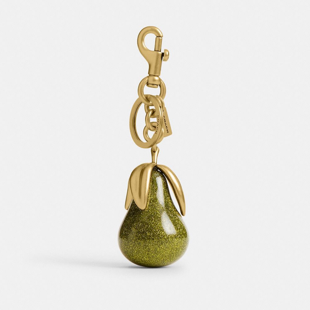 COACH®,Pear Bag Charm,Bag Charm,3D Embellishment,Logo,Embossed,Key Ring,Brass,Cocktail,Olive,Front View