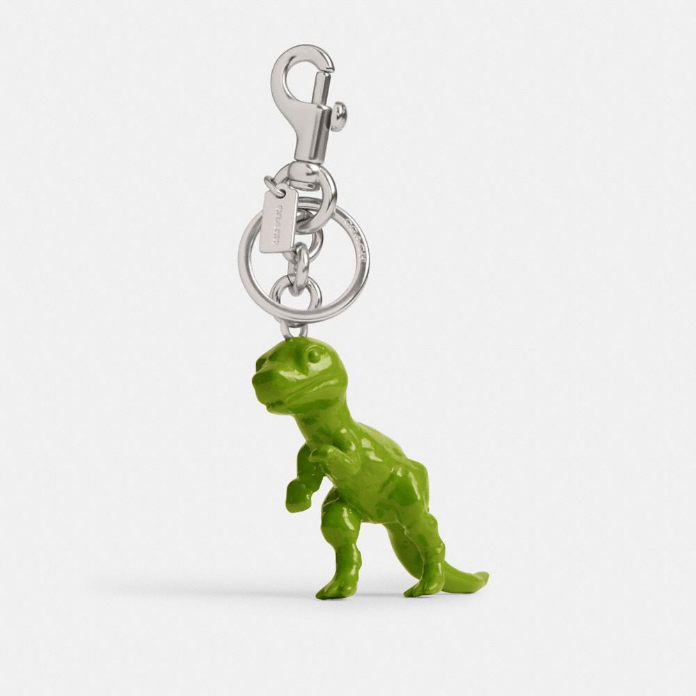 COACH®,T Rex Bag Charm,Bag Charm,3D Embellishment,Embossed,Logo,Key Ring,Silver Metal,Casual,Green,Front View