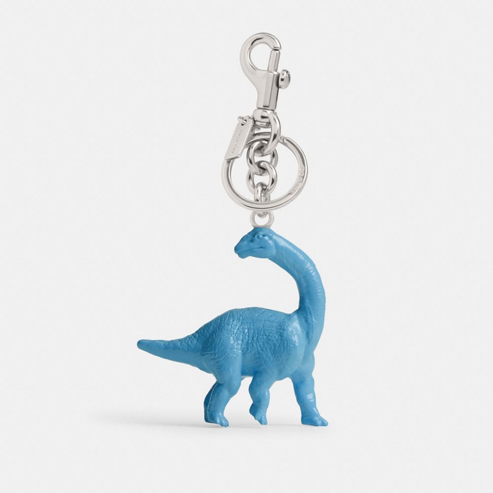 COACH®,Dinosaur Bag Charm,Bag Charm,Embossed,3D Embellishment,Logo,Key Ring,Silver Metal,Casual,Blue,Front View