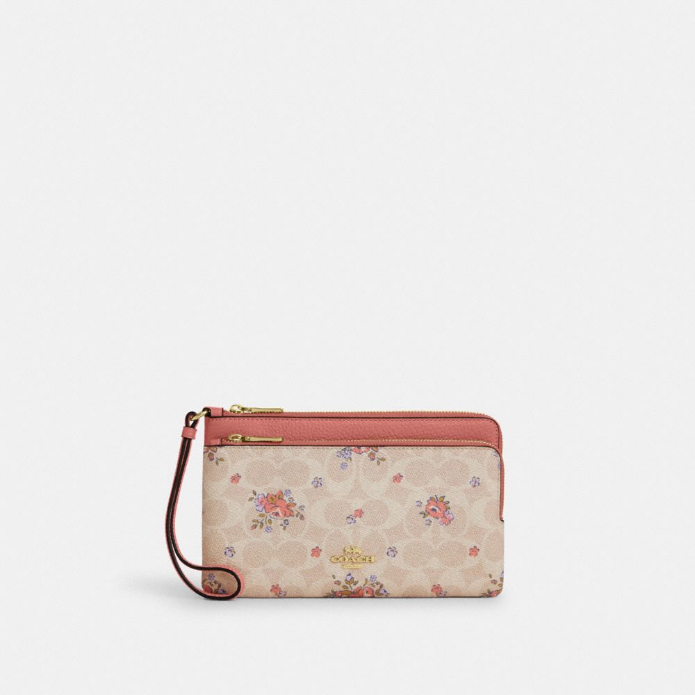 COACH®,PORTEFEUILLE À DOUBLE FERMETURE ZIPPÉE EN TOILE EXCLUSIVE AVEC MOTIF FLEURI,Or/Sable Multi,Front View