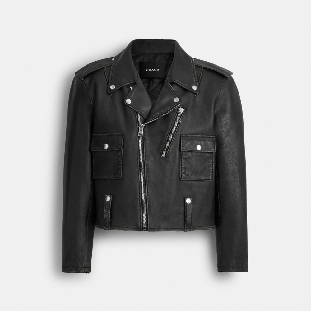 COACH®,Buy Now Biker Jacket,Leather,Moto,Leather,Button,Zipper,Lined,Abrasion Resistant,Casual,Black,Front View