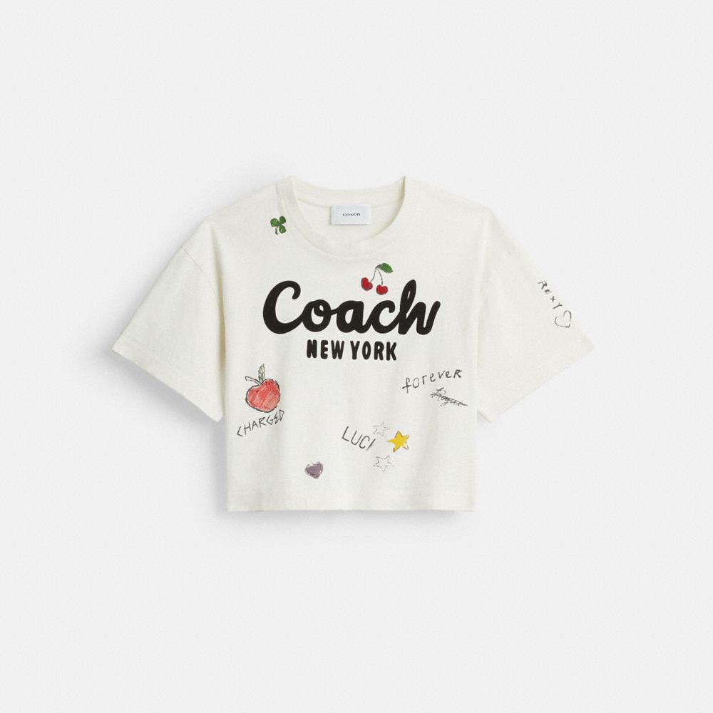 Coach Cropped T-shirt Mit -schriftzug In Schreibschrift Und Skizzen-print In Multi