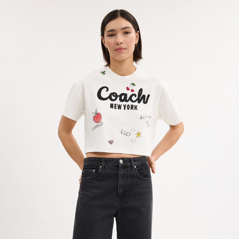 COACH®,Cursive Coach Cropped Sketch Print T Shirt,,Detail View